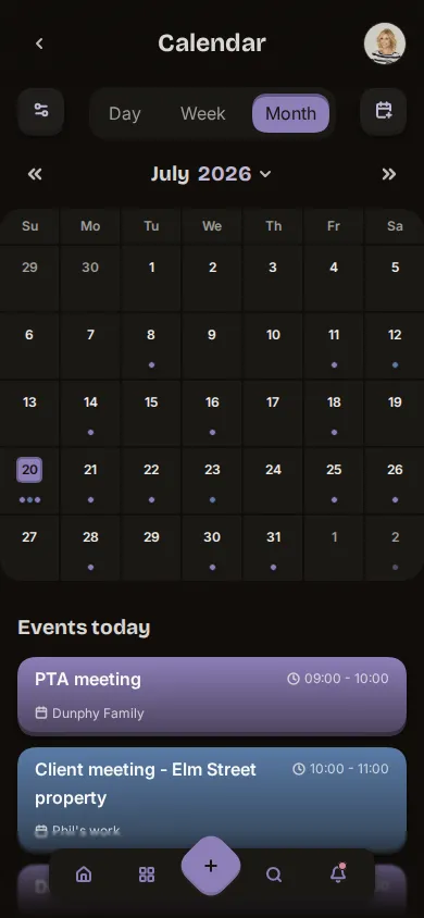 App screenshot of the family calendar's month view