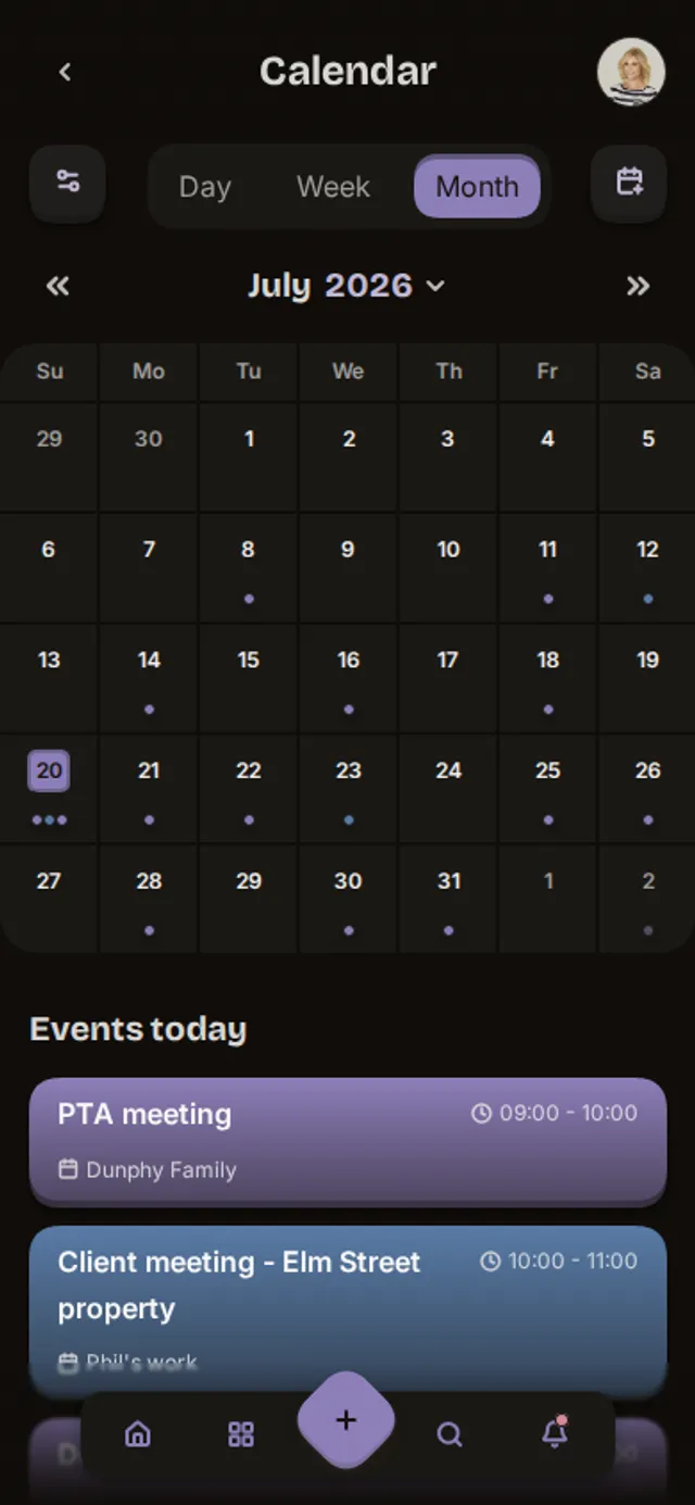 App screenshot of the calendar