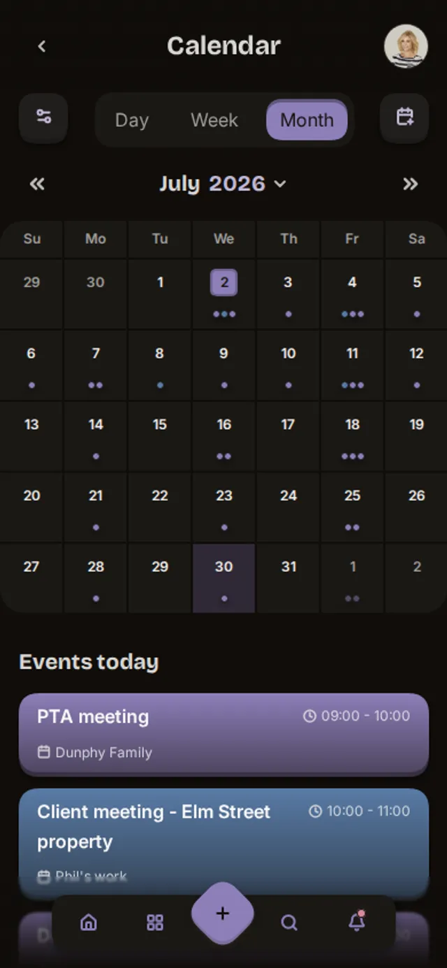 App screenshot of the calendar