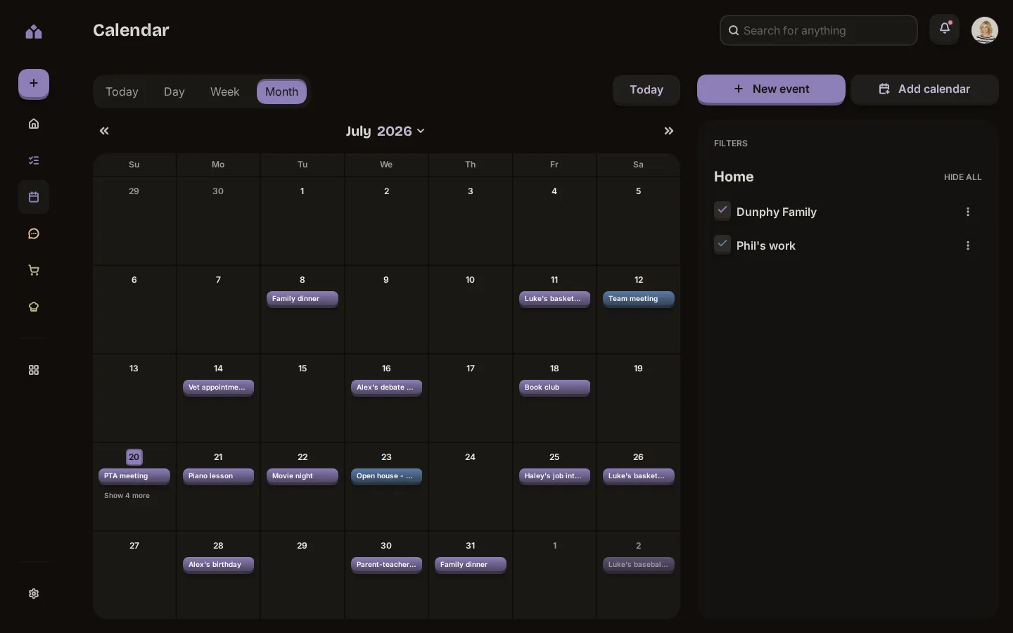 The Yem family calendar in a desktop browser window