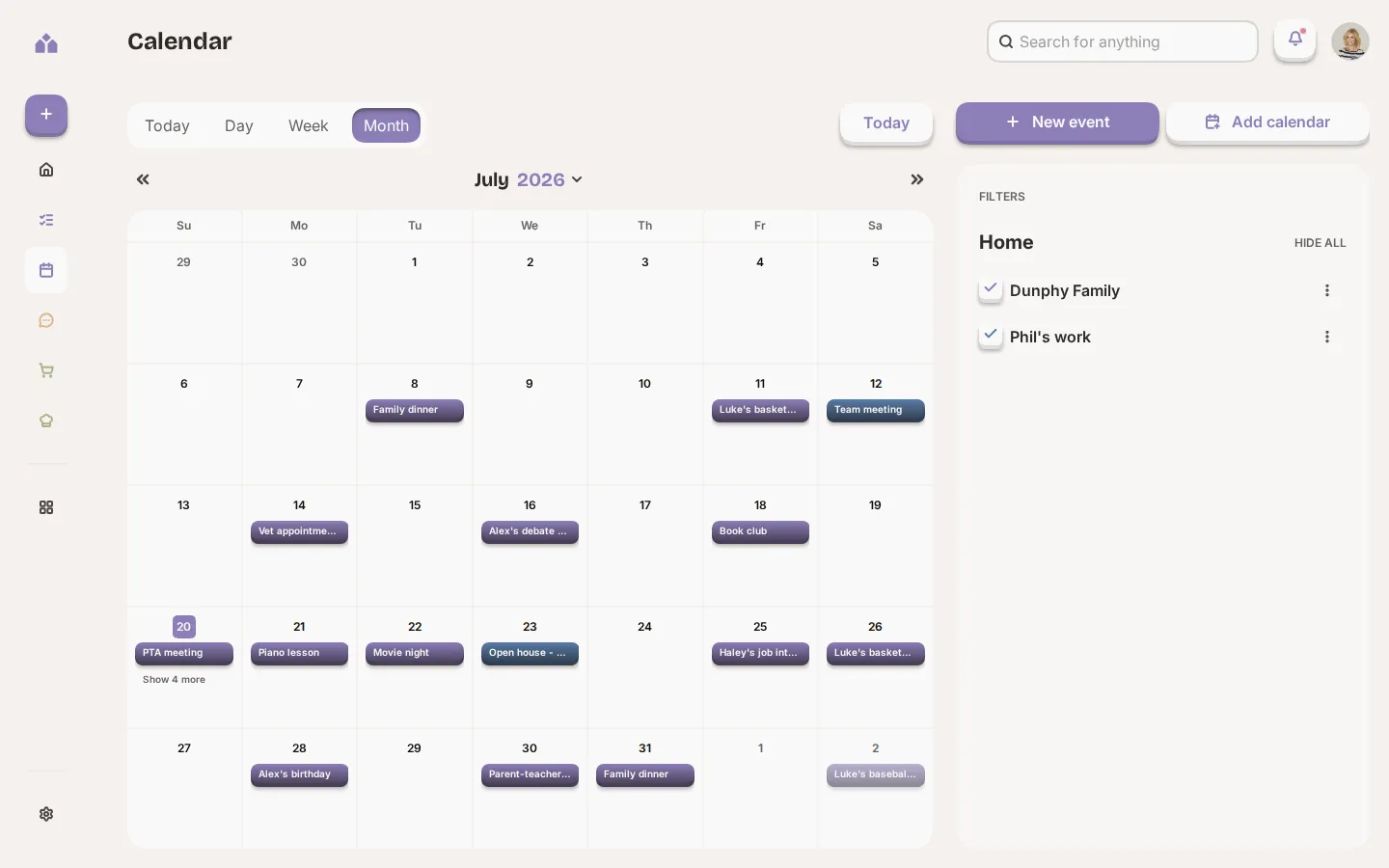 The Yem family calendar in a desktop browser window