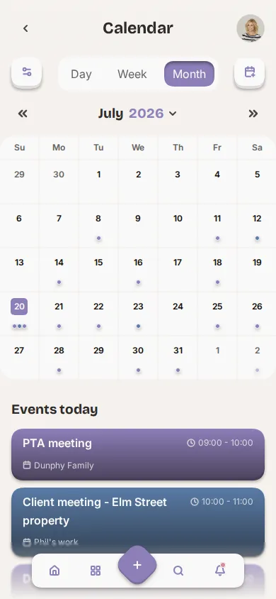 App screenshot of the family calendar's month view