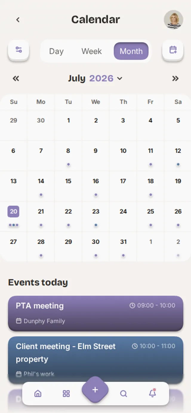 App screenshot of the calendar
