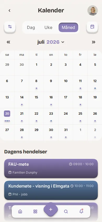 Skjermbilde av familiekalenderens månedsvisning