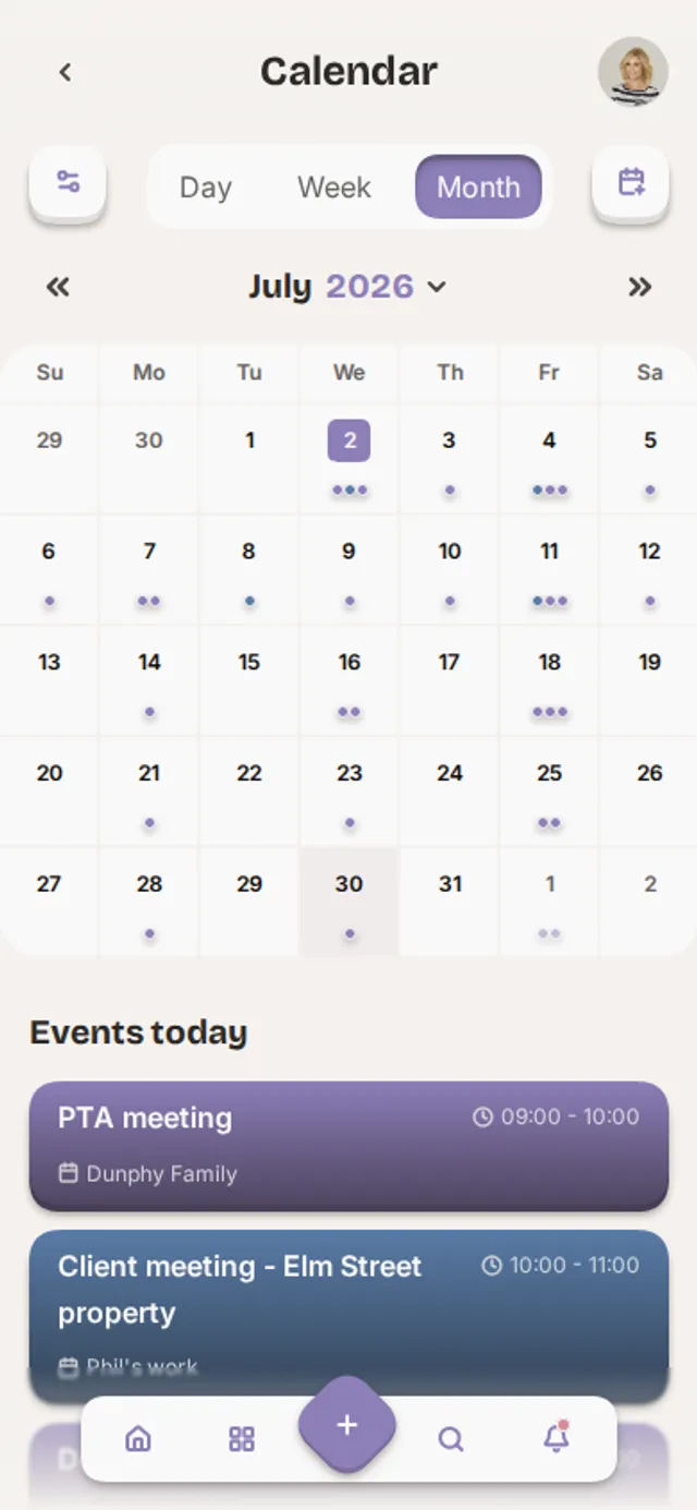 App screenshot of the calendar