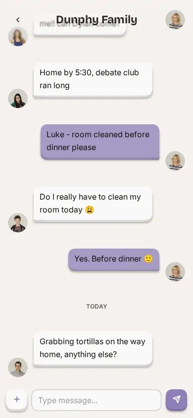 App screenshot of a household chat conversation