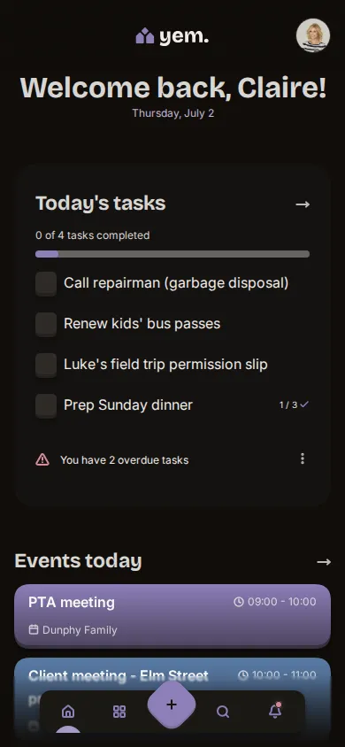 The Yem dashboard on a phone