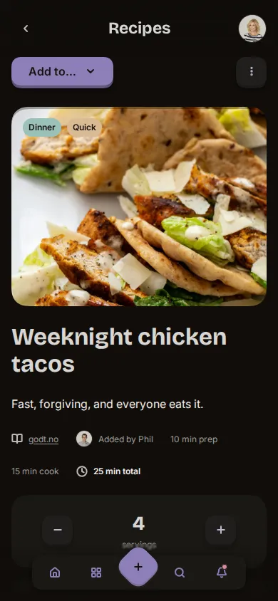 App screenshot of a recipe with servings adjustment