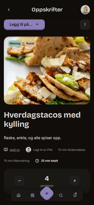 Skjermbilde av en oppskrift med porsjonsjustering