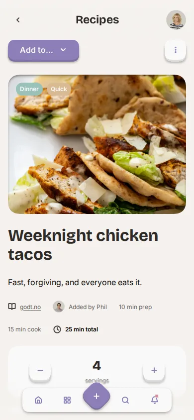 App screenshot of a recipe with servings adjustment