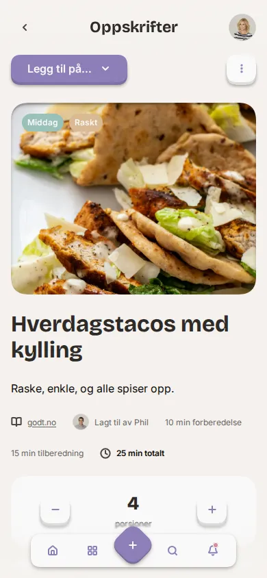 Skjermbilde av en oppskrift med porsjonsjustering