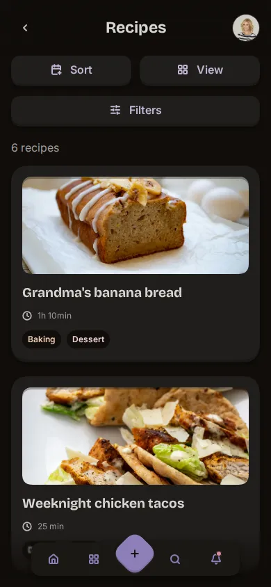 App screenshot of the recipe book