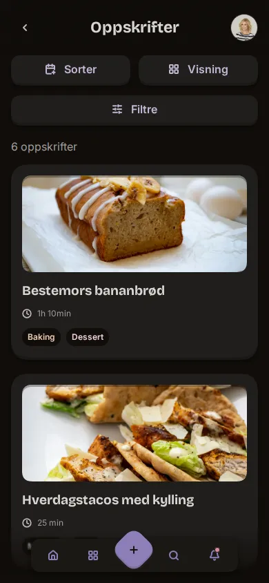 Skjermbilde av oppskriftsboka i appen
