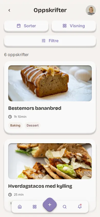 Skjermbilde av oppskriftsboka i appen