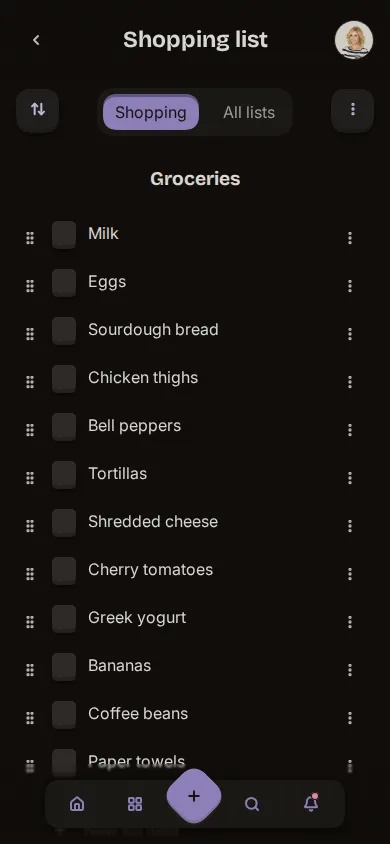 App screenshot of a shared shopping list