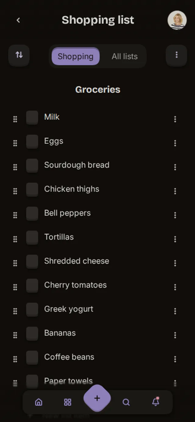 App screenshot of a shopping list