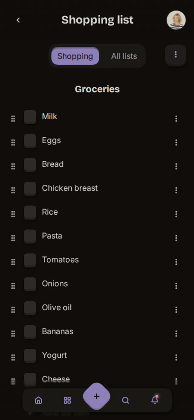 App screenshot of a shopping list
