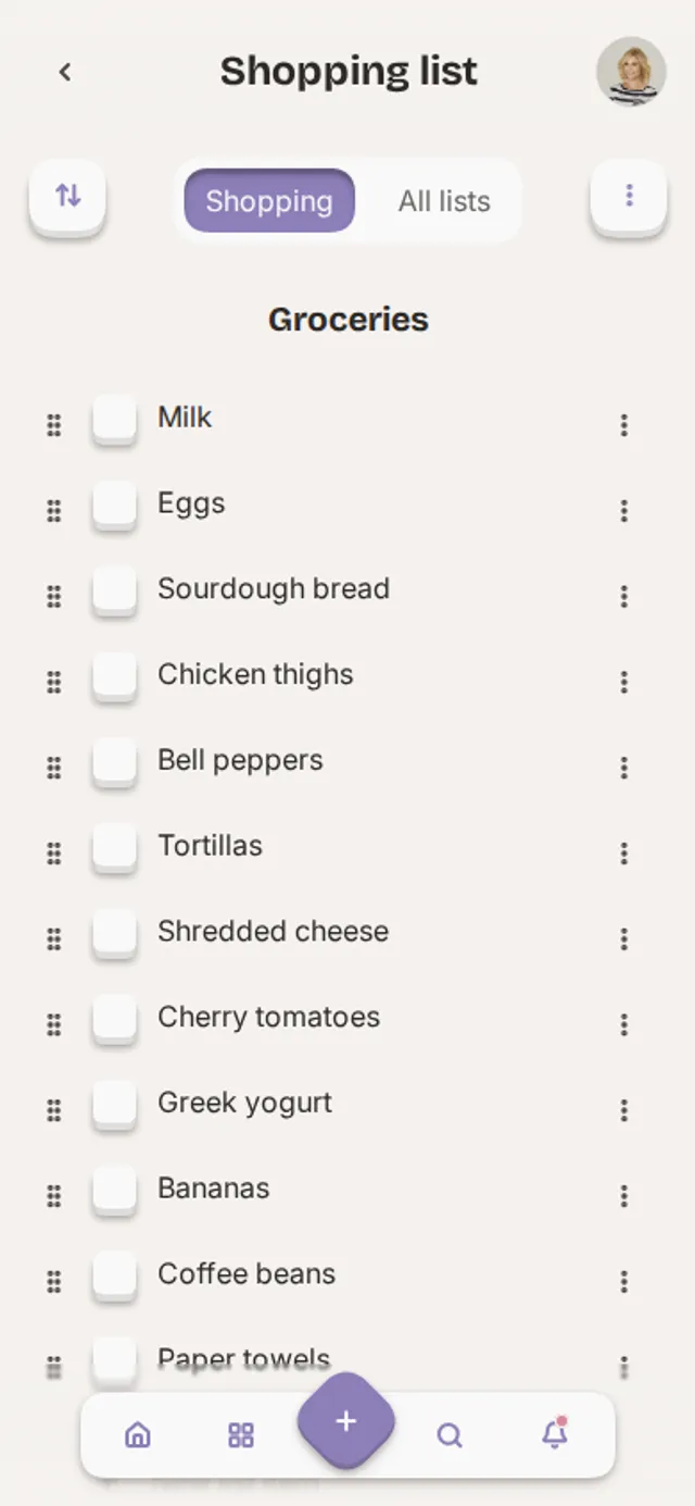 App screenshot of a shopping list