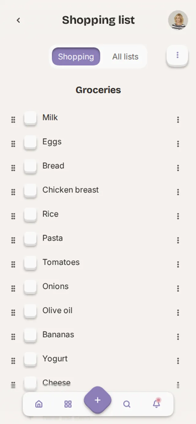 App screenshot of a shopping list