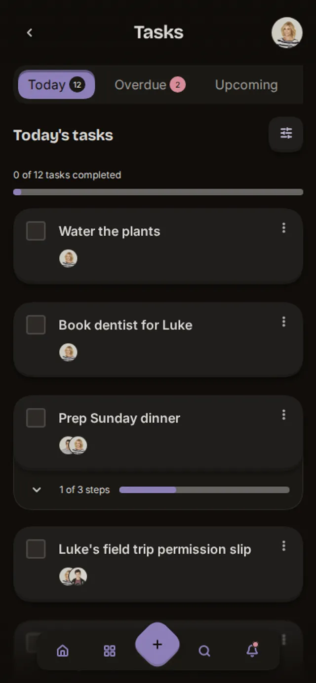 App screenshot of the task list