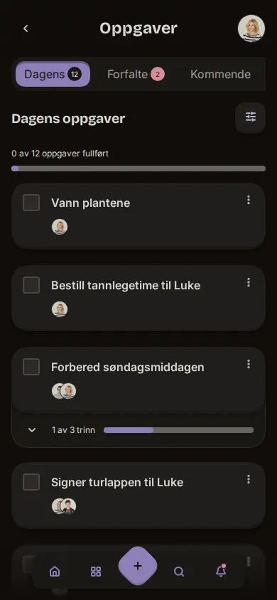 Skjermbilde av husholdningens oppgaveliste