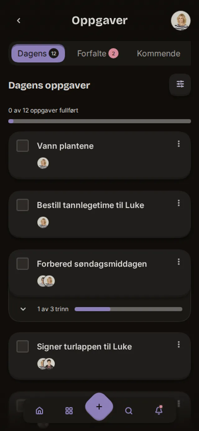 Skjermbilde av oppgavelisten