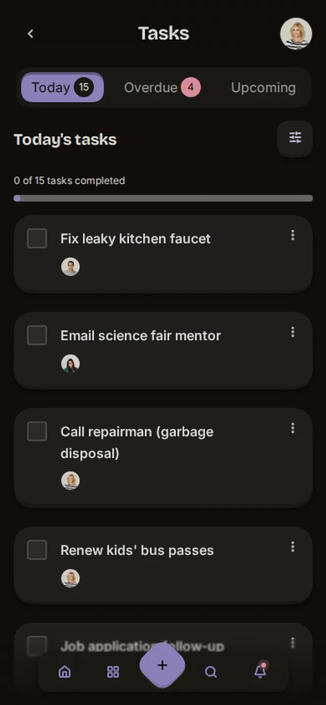 App screenshot of the task list