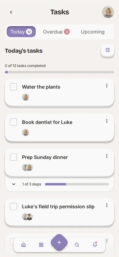 App screenshot of the household task list