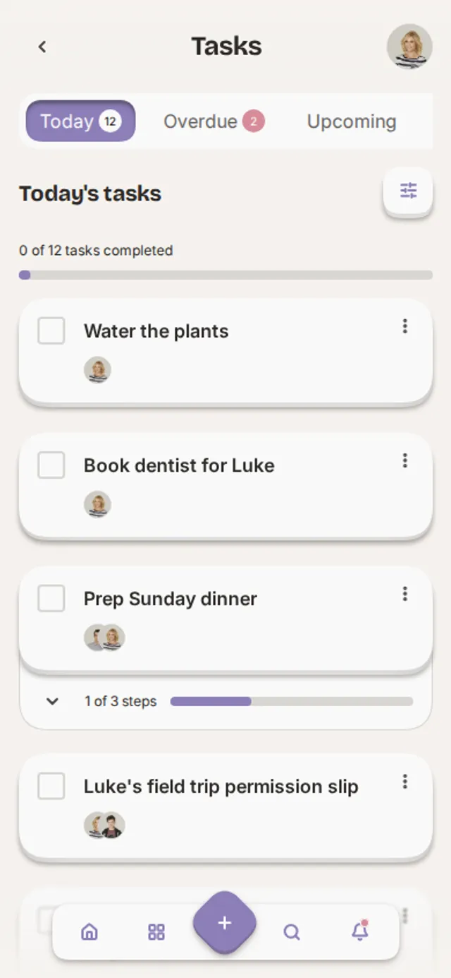 App screenshot of the task list