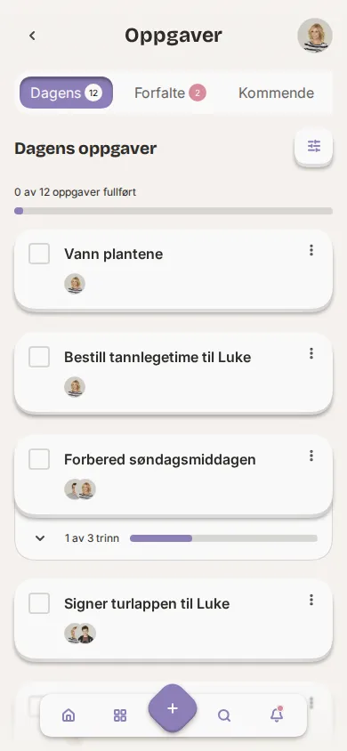 Skjermbilde av husholdningens oppgaveliste