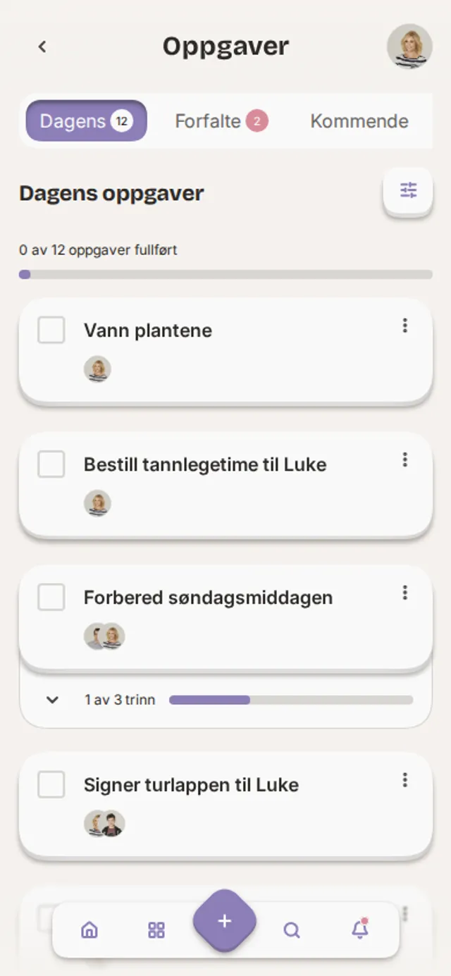 Skjermbilde av oppgavelisten