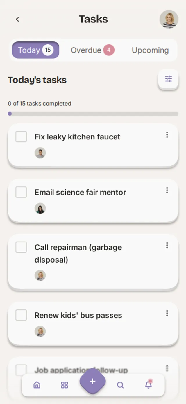 App screenshot of the task list